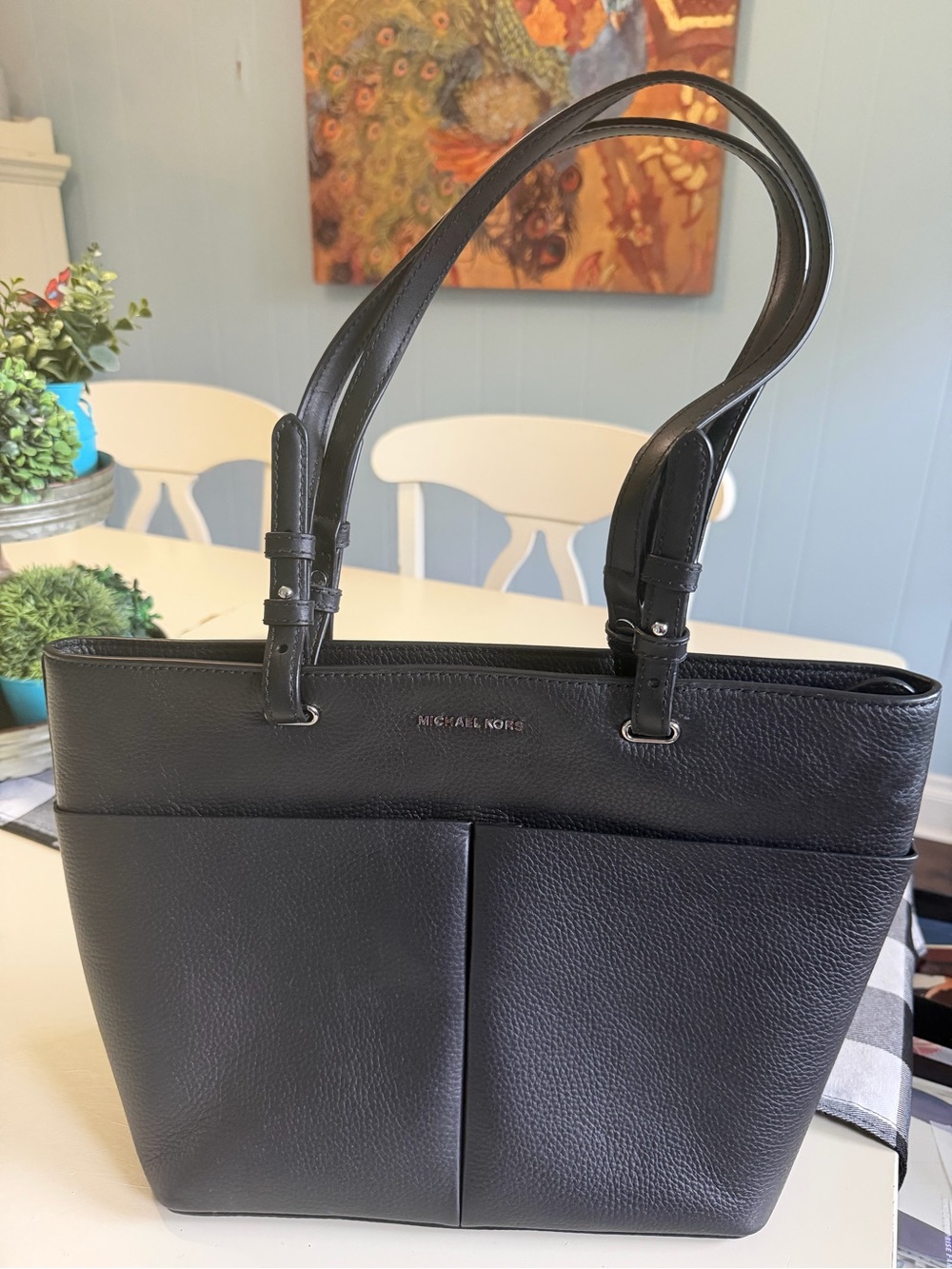 MICHAEL KORS Black Pebbled Leather Tote with Dual Exterior Pockets